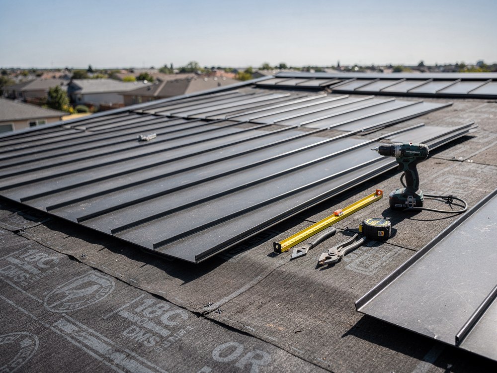 Roofer installing metal roofing panels in The Woodlands, TX